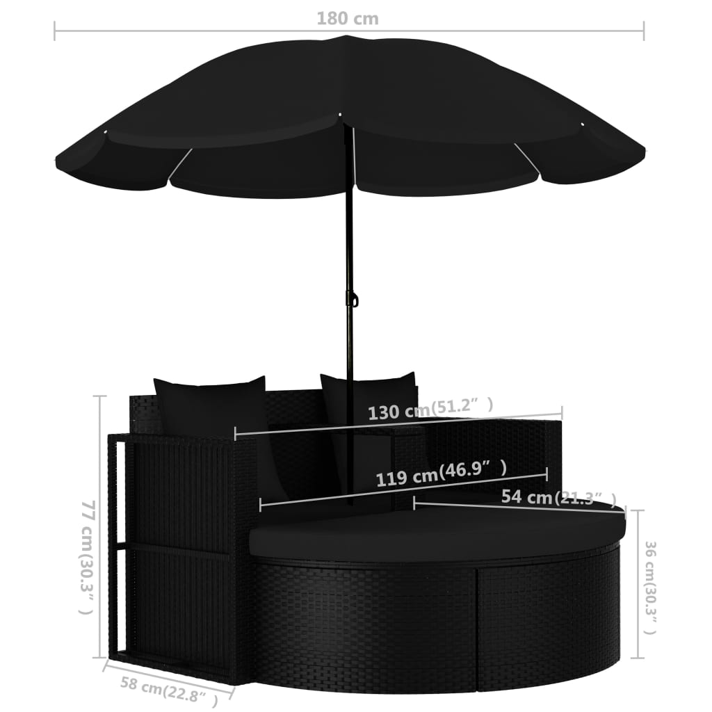 Gartenbett mit Sonnenschirm Poly Rattan Schwarz