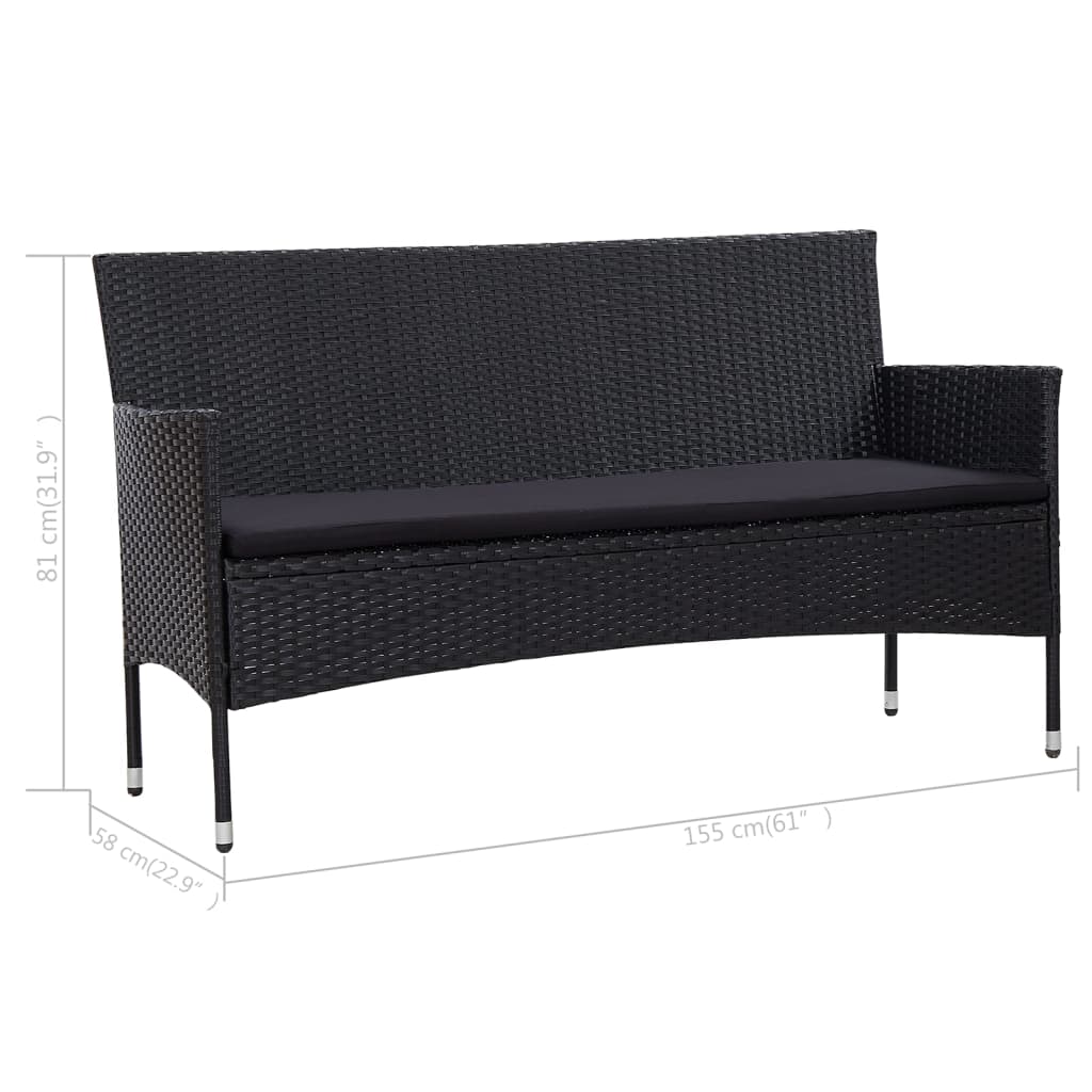 3-Sitzer-Gartensofa mit Auflagen Schwarz Poly Rattan