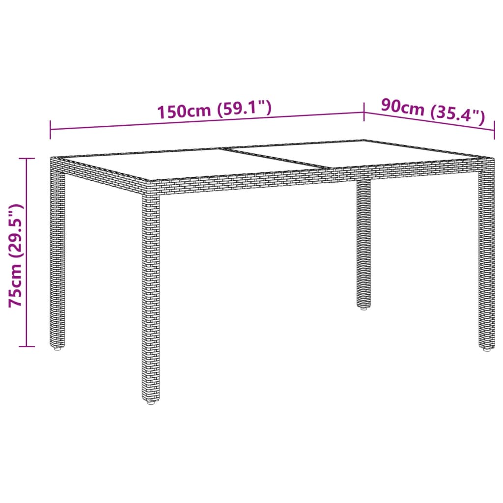 Gartentisch 150x90x75 cm Hartglas und Poly Rattan Schwarz