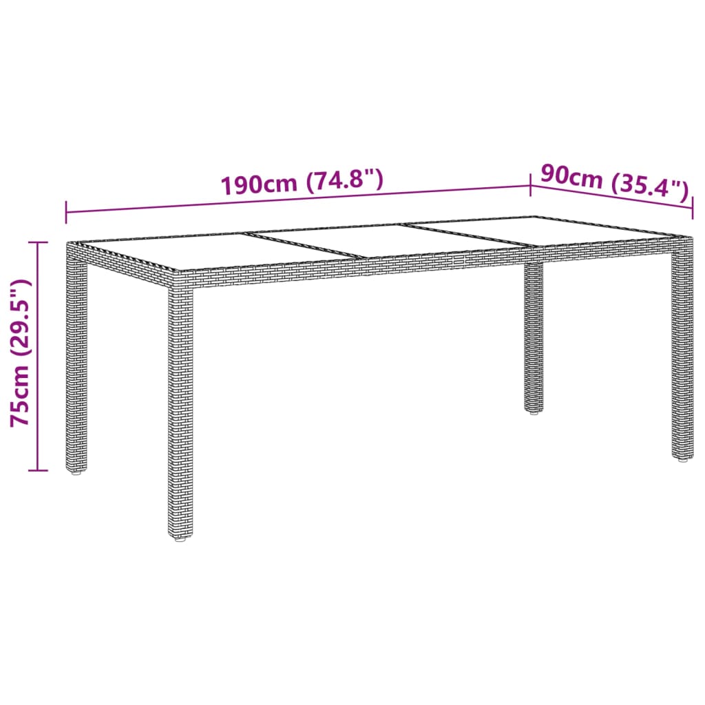 Gartentisch 190x90x75 cm Hartglas und Poly Rattan Braun