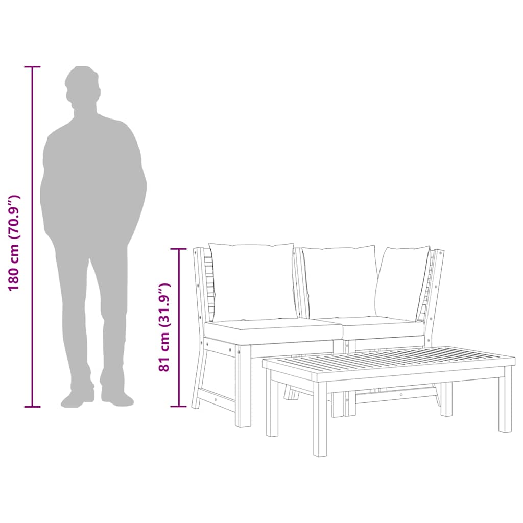 3-tlg. Garten-Lounge-Set mit Creme Kissen Akazie Massivholz