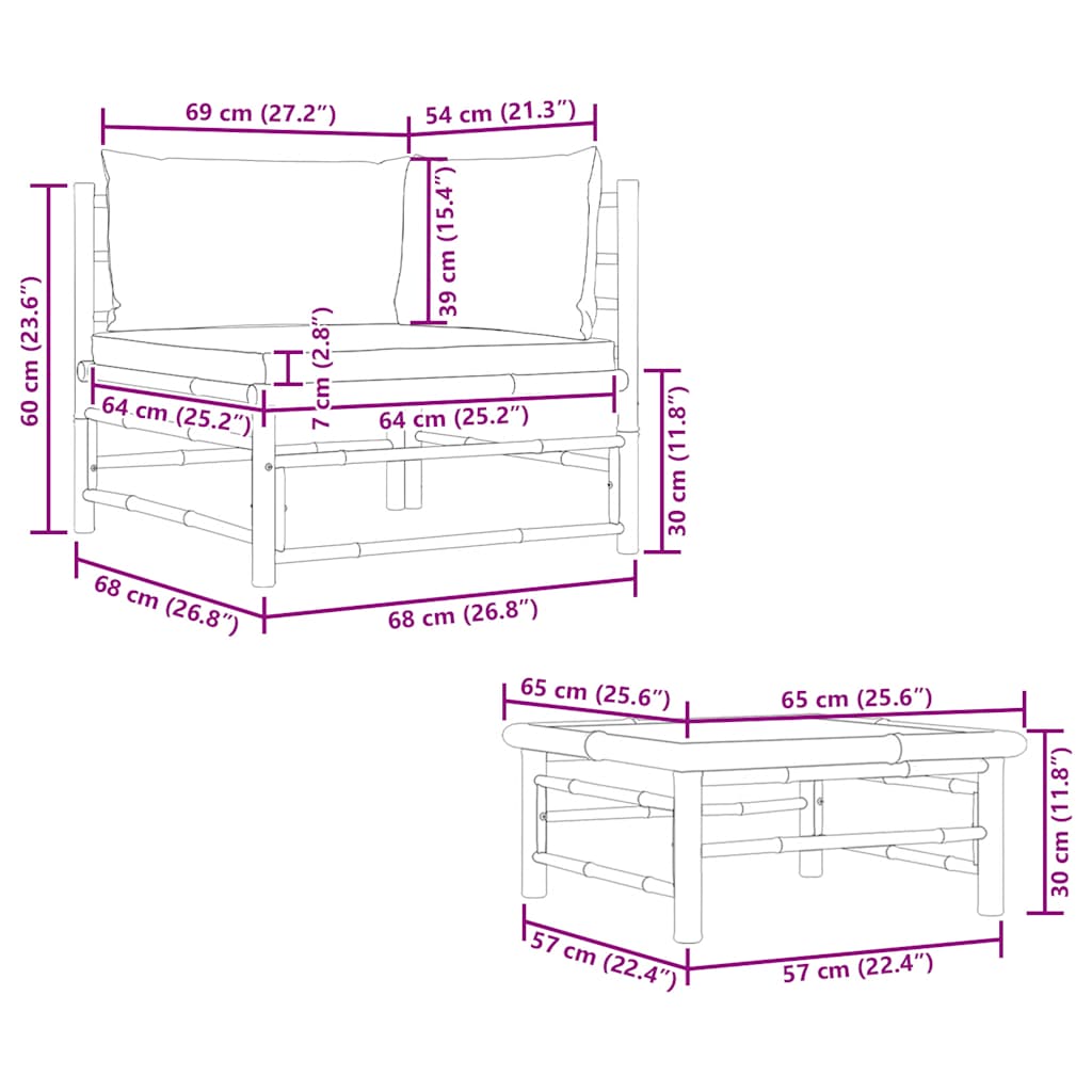 2-tlg. Garten-Lounge-Set mit Kissen Cremeweiß Bambus