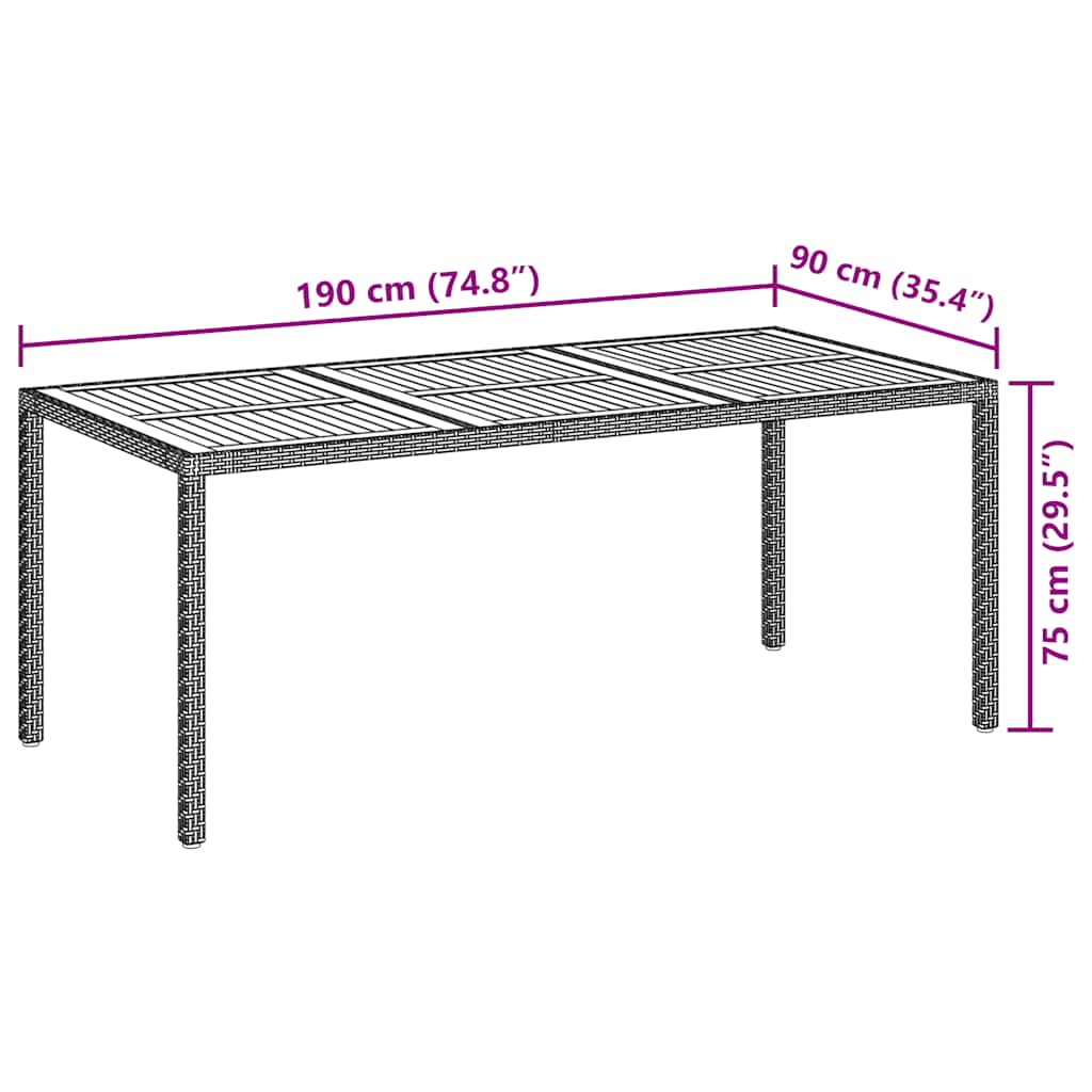 Gartentisch 190x90x75 cm Poly Rattan und Akazienholz Grau