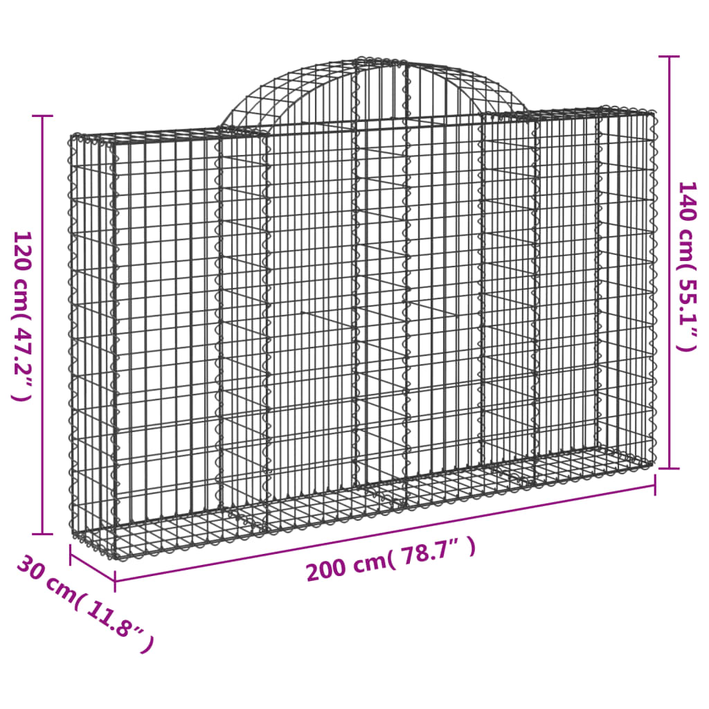 Gabionen mit Hochbogen 6 Stk. 200x30x120/140cm Verzinktes Eisen