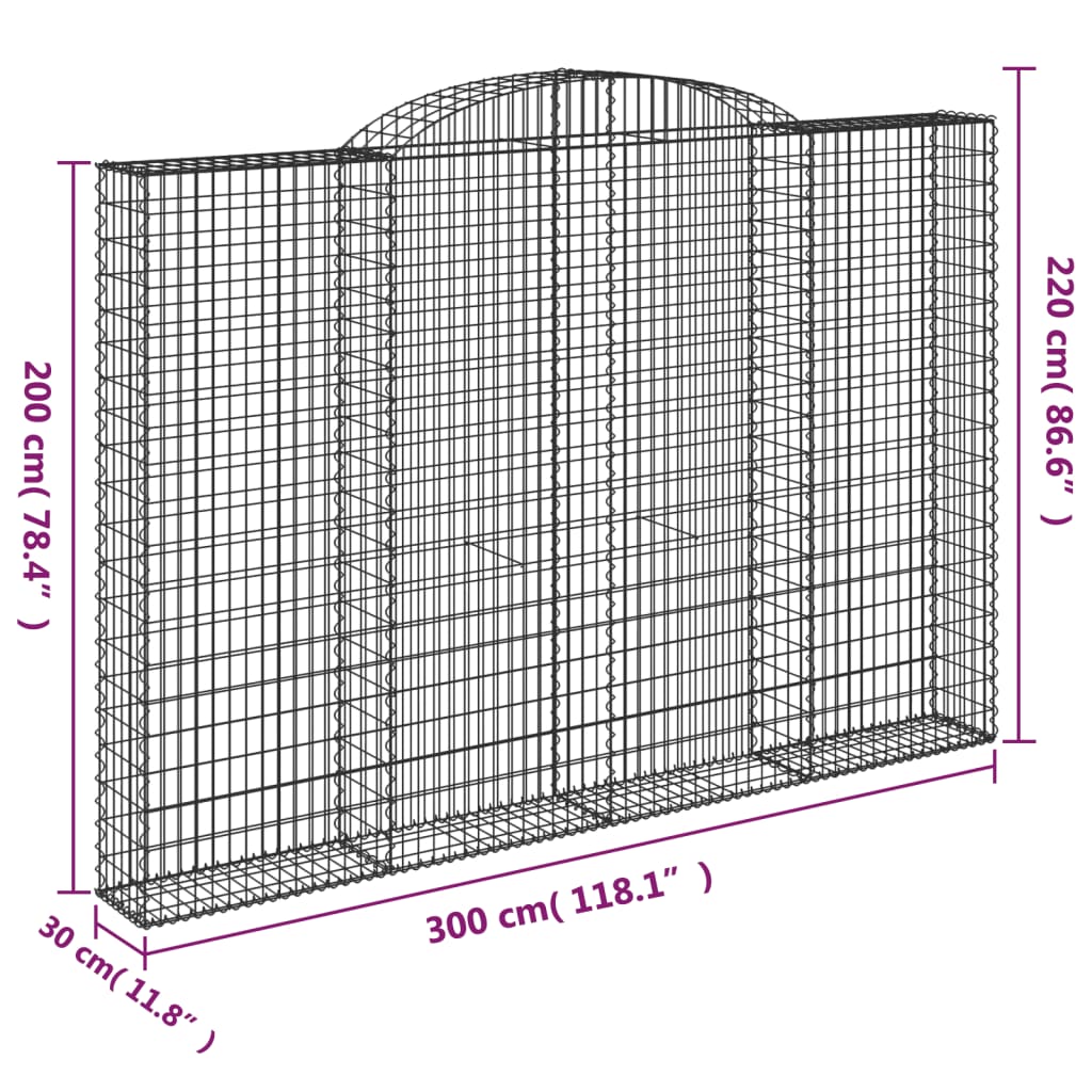 Gabionen mit Hochbogen 3 Stk. 300x30x200/220cm Verzinktes Eisen