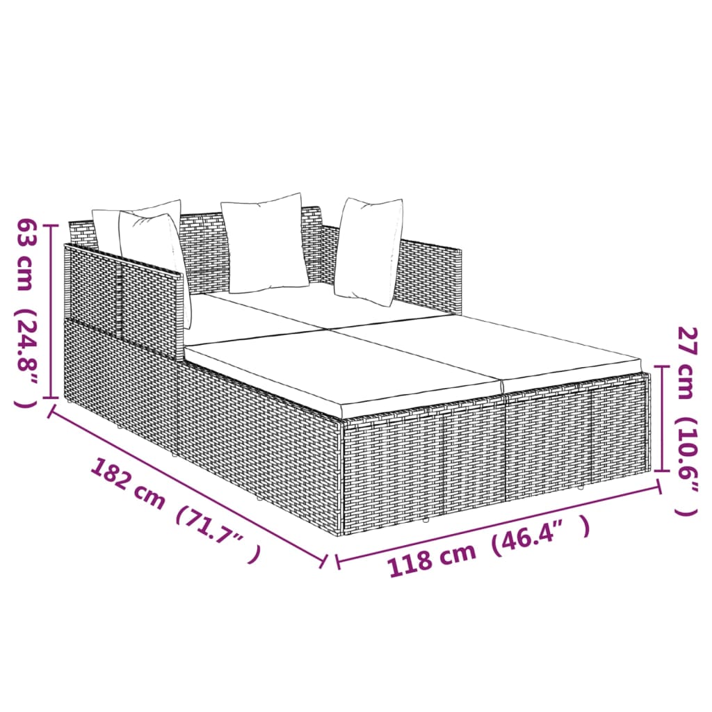 Sonnenliege mit Kissen Grau 182x118x63 cm Poly Rattan