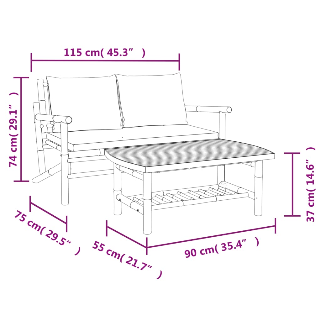 2-tlg. Garten-Lounge-Set mit Dunkelgrauen Kissen Bambus