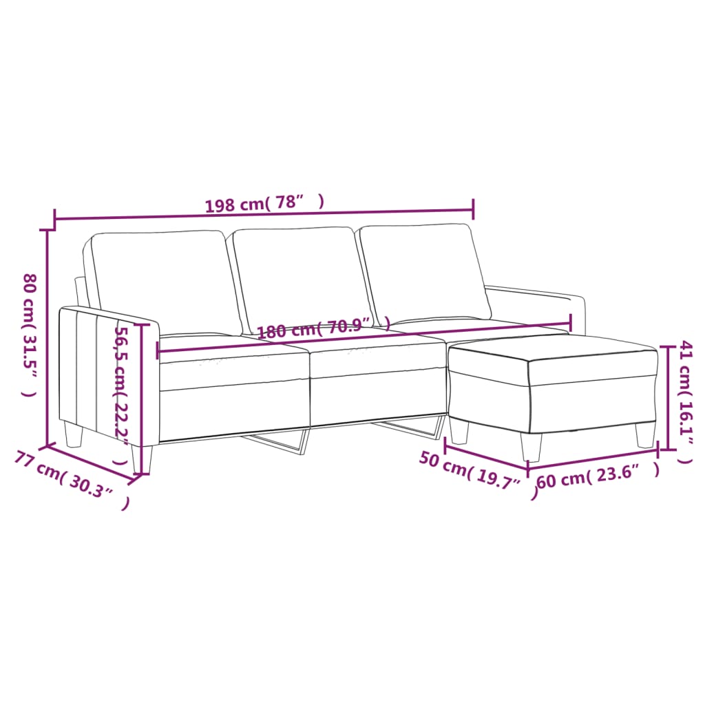 3-Sitzer-Sofa mit Hocker Creme 180 cm Kunstleder