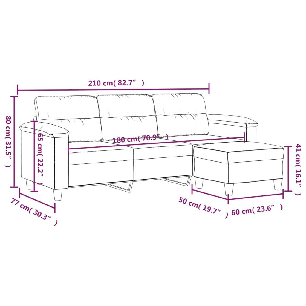 3-Sitzer-Sofa mit Hocker Schwarz 180 cm Mikrofasergewebe