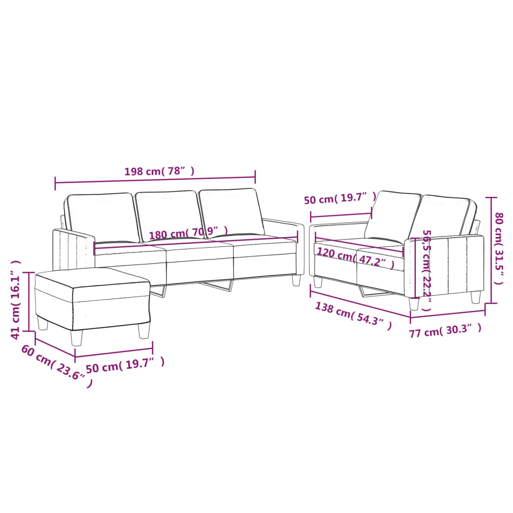 3-tlg. Sofagarnitur mit Kissen Rosa Samt