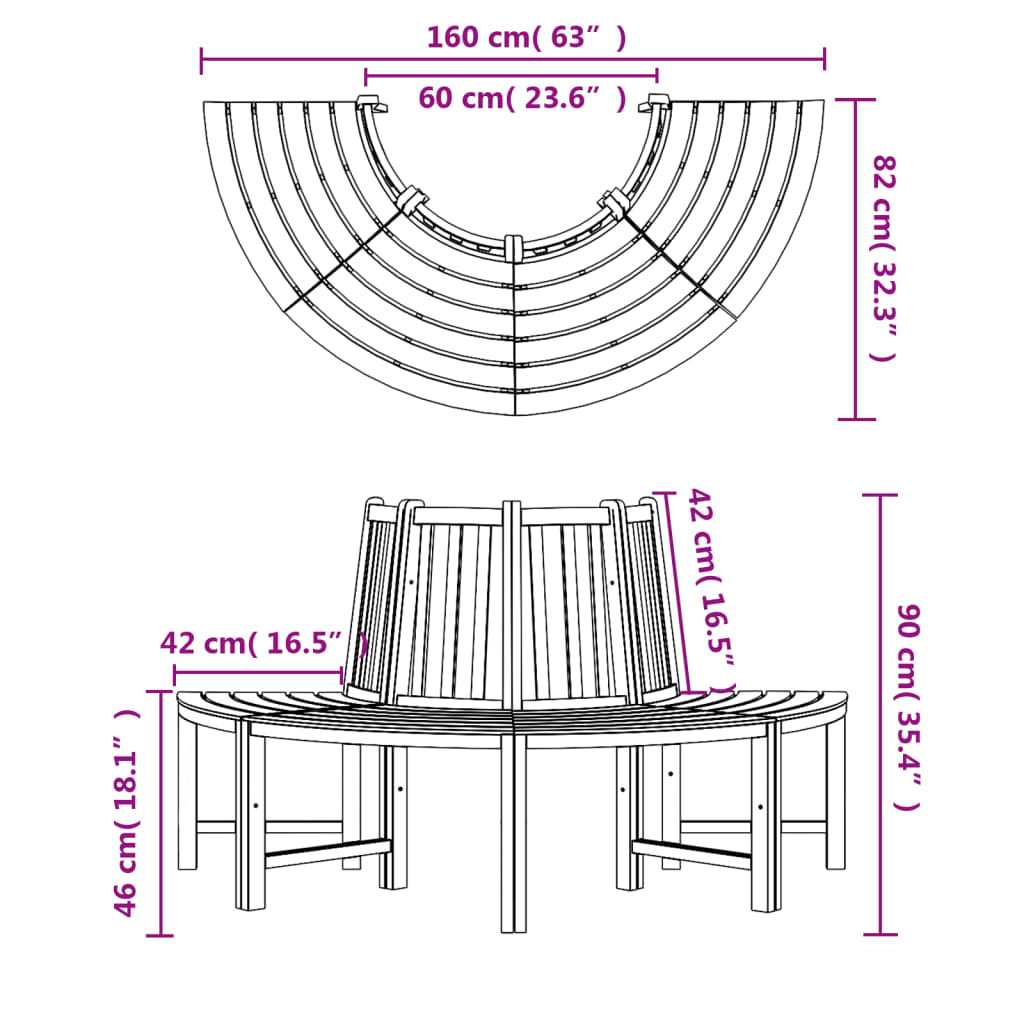 Baumbänke 2 Stk. Halbrund Ø160 cm Massivholz Teak