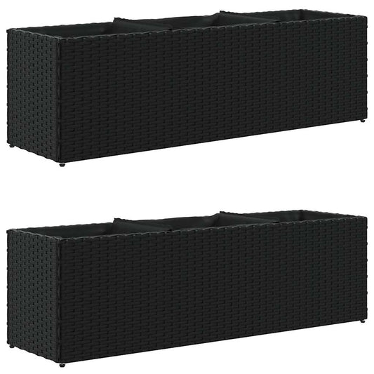 Pflanzkübel mit 3 Töpfen 2 Stk. Schwarz 105x30x32cm Poly Rattan