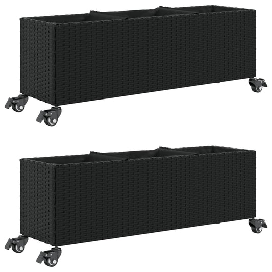Pflanzkübel mit Rollen 2 Stk. Schwarz 107x32x38 cm Poly Rattan