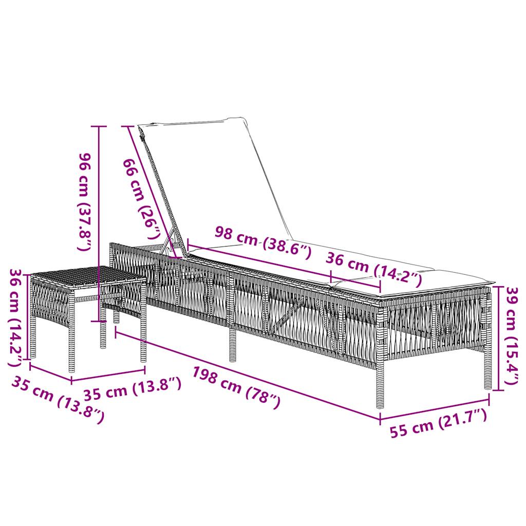 Sonnenliegen 2 Stk. mit Tisch Braun Poly Rattan