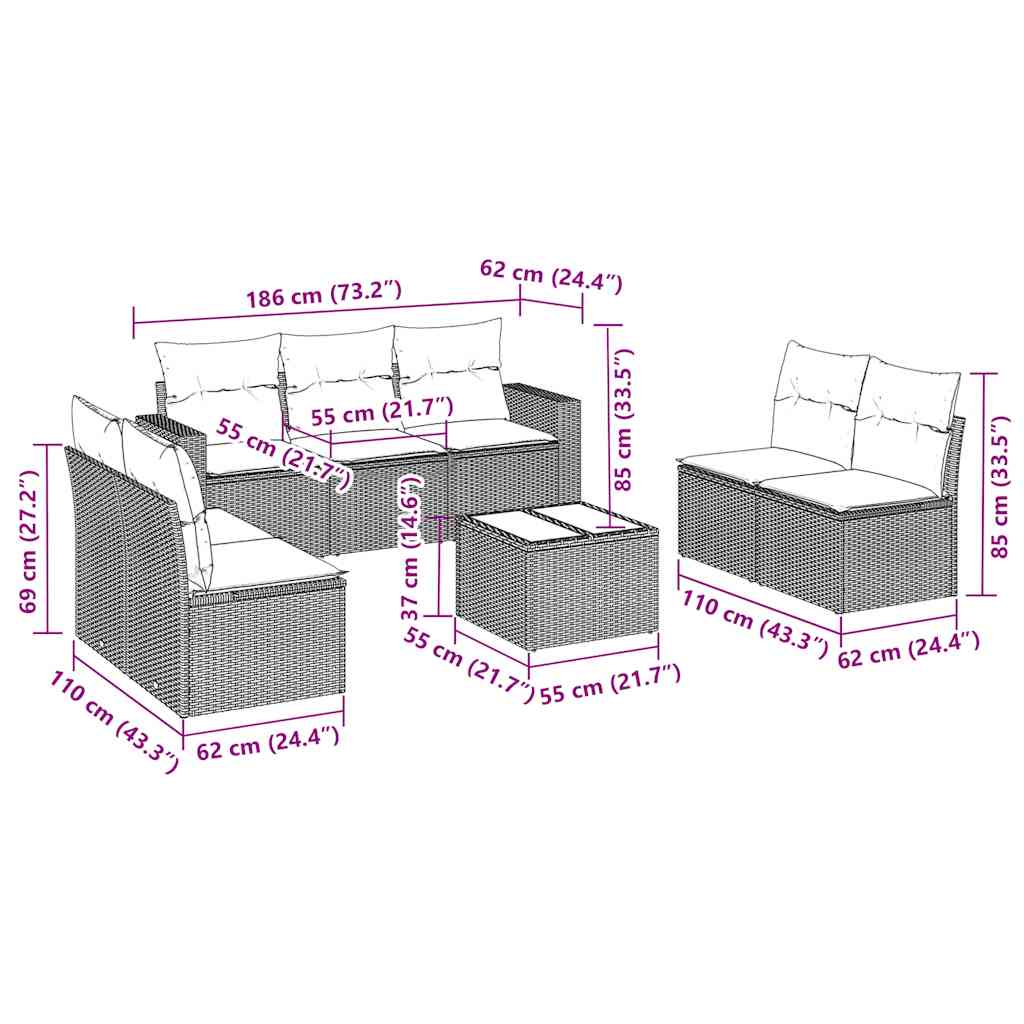 8-tlg. Garten-Sofagarnitur mit Kissen Schwarz Poly Rattan