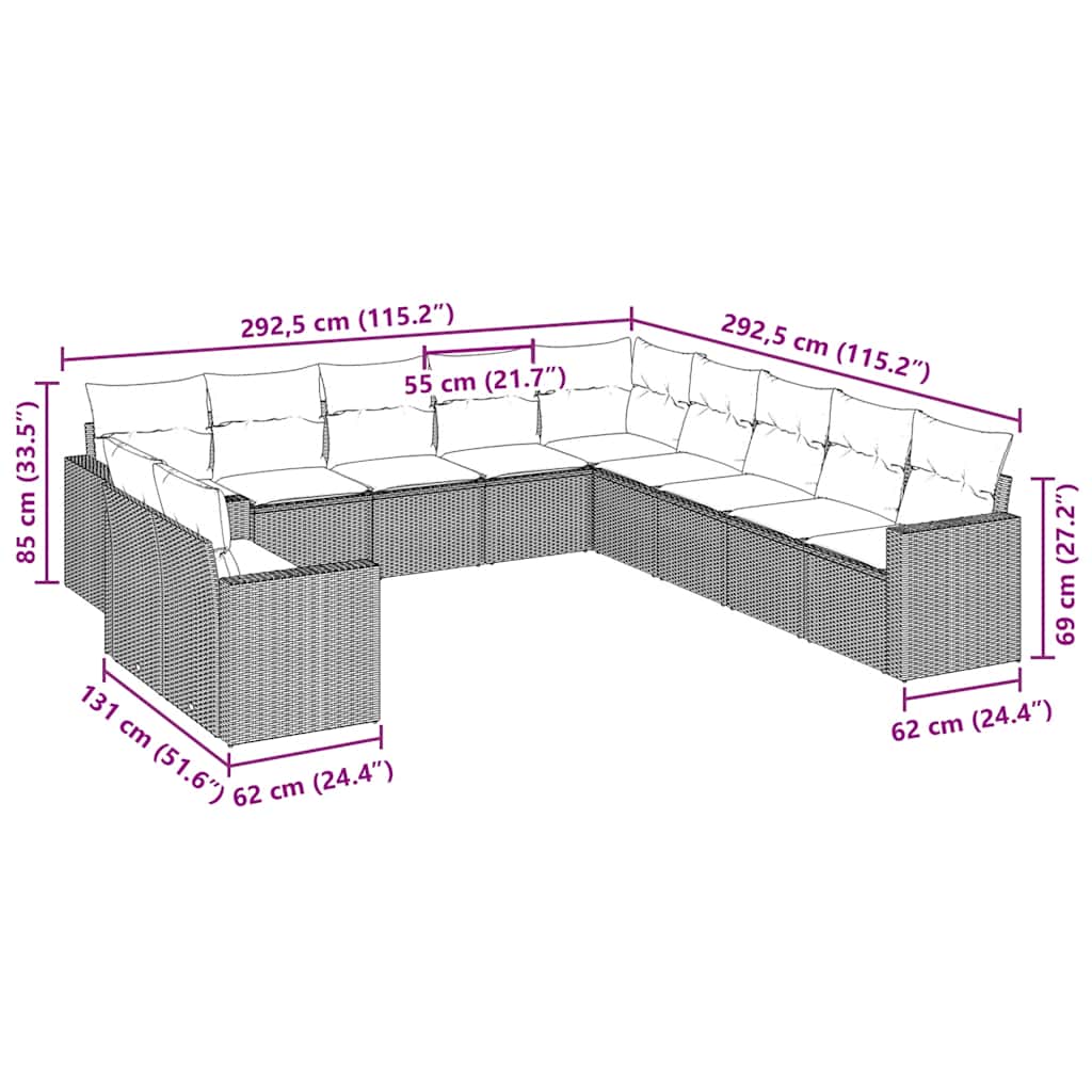 11-tlg. Garten-Sofagarnitur mit Kissen Schwarz Poly Rattan