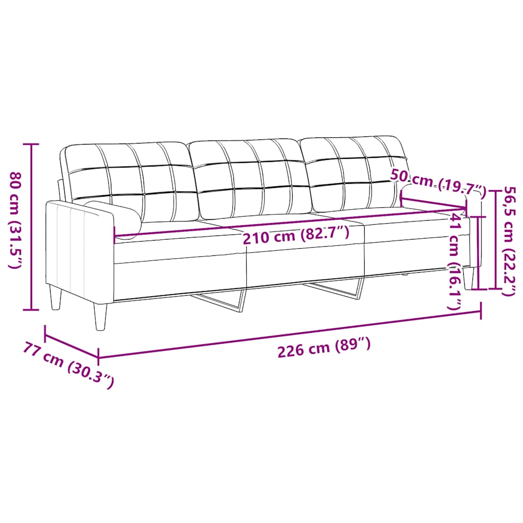 Sofa 3-Sitzer mit Zierkissen Creme 210 cm Samt
