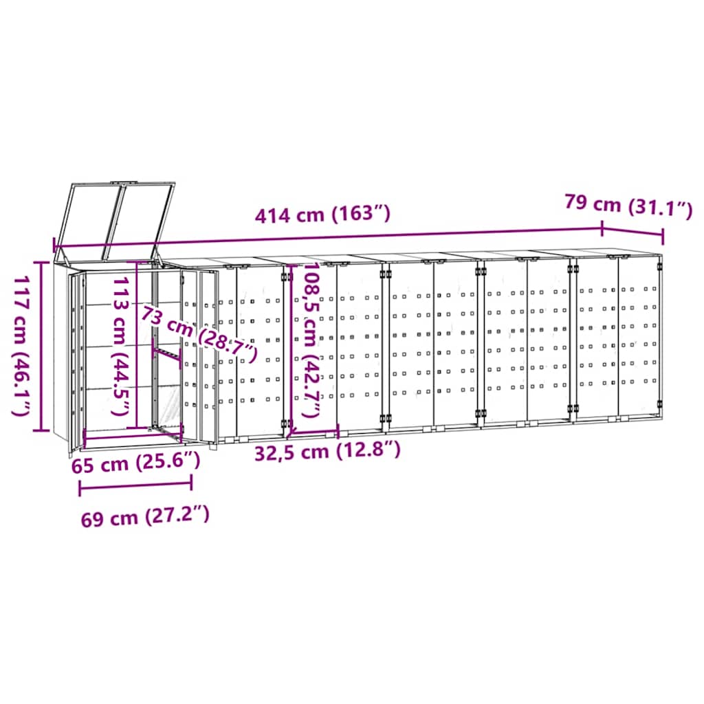 Mülltonnenbox für 6 Tonnen Schwarz 414x79x117 cm Stahl