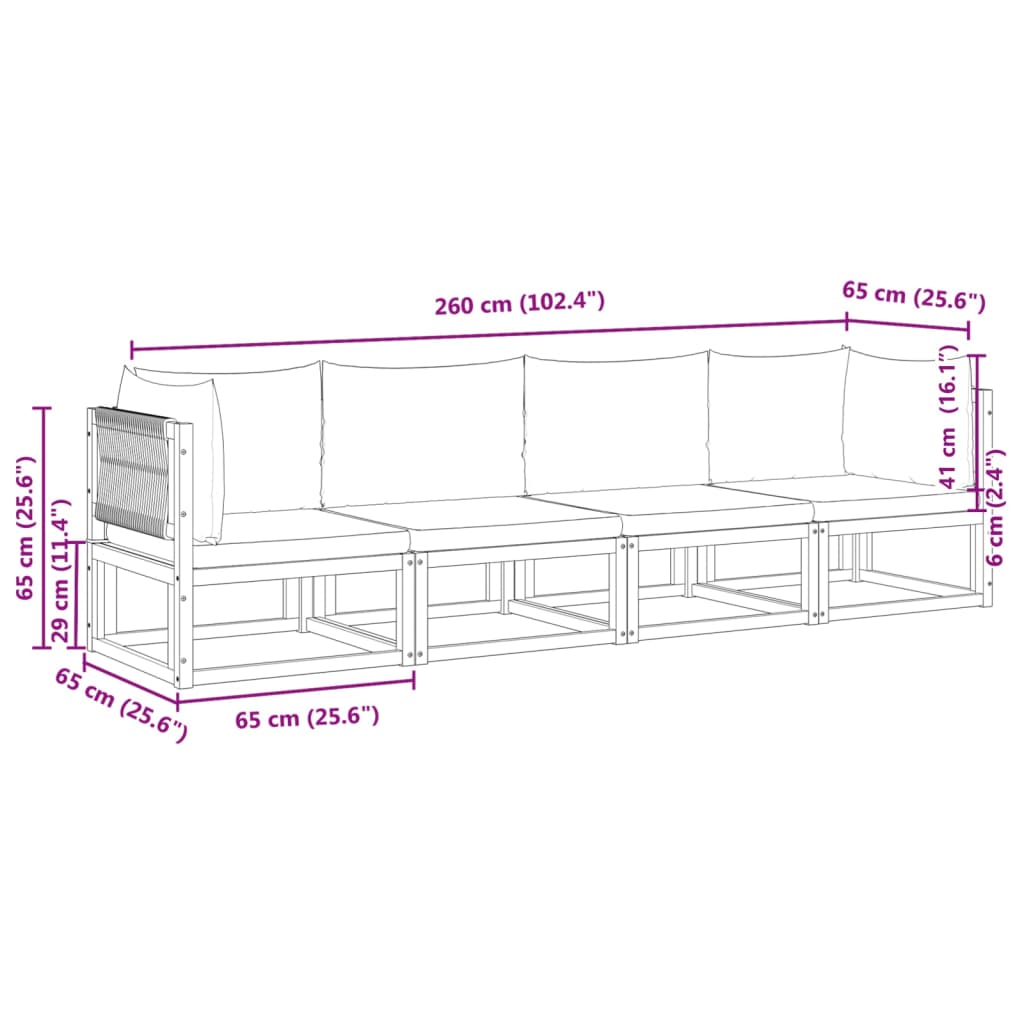 4-tlg. Gartensofa-Set mit Kissen Holz Akazie & Seil
