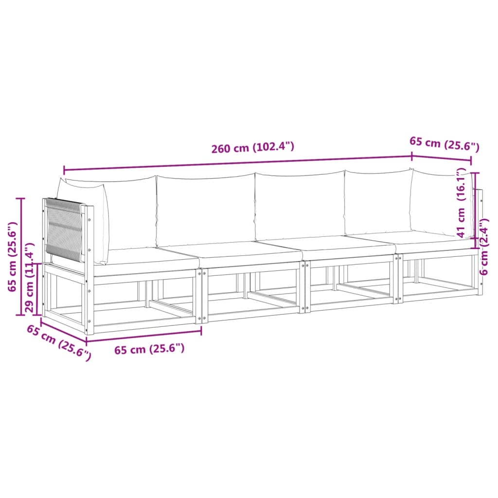 4-tlg. Gartensofa-Set mit Kissen Holz Akazie & Seil