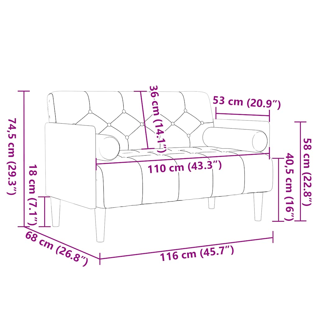 Zweisitzer-Sofa mit Nackenrollen Creme 110 cm Samt