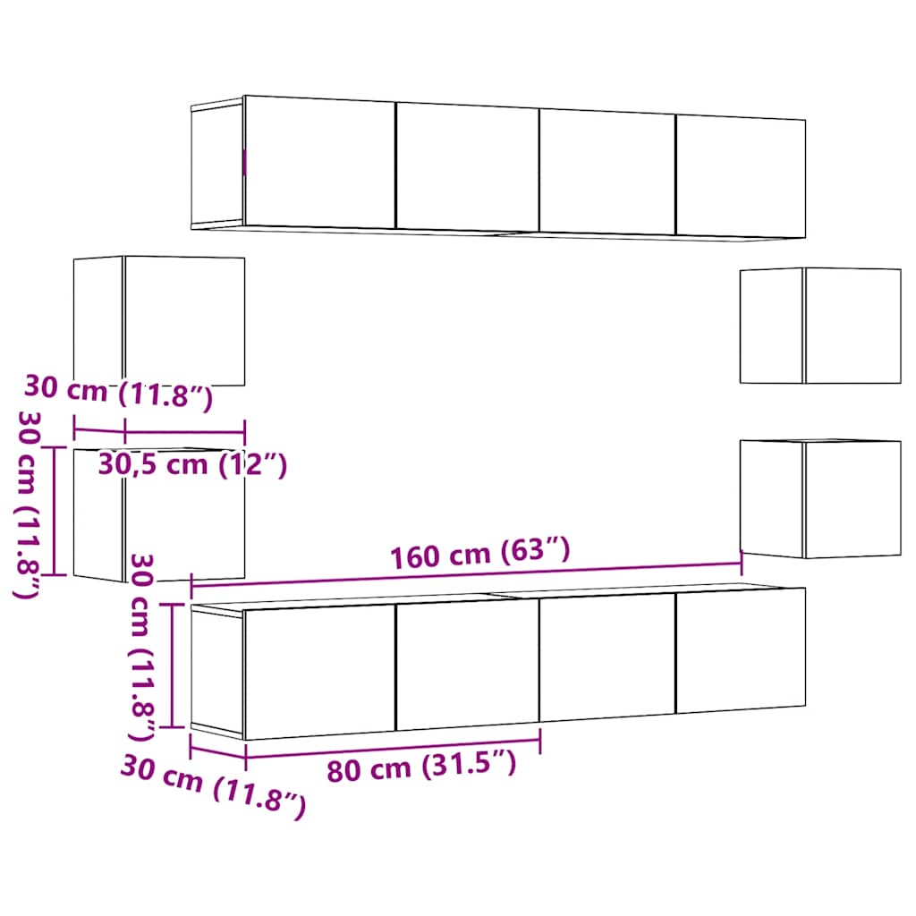 8-tlg. TV-Schrank-Set Wandmontage Altholz-Optik Holzwerkstoff