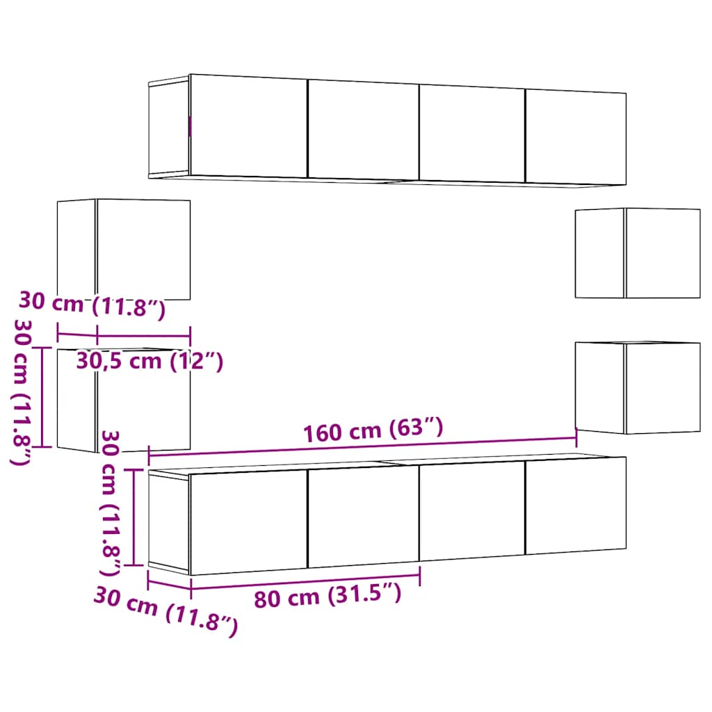 8-tlg. TV-Schrank-Set Wandmontage Artisan-Eiche Holzwerkstoff