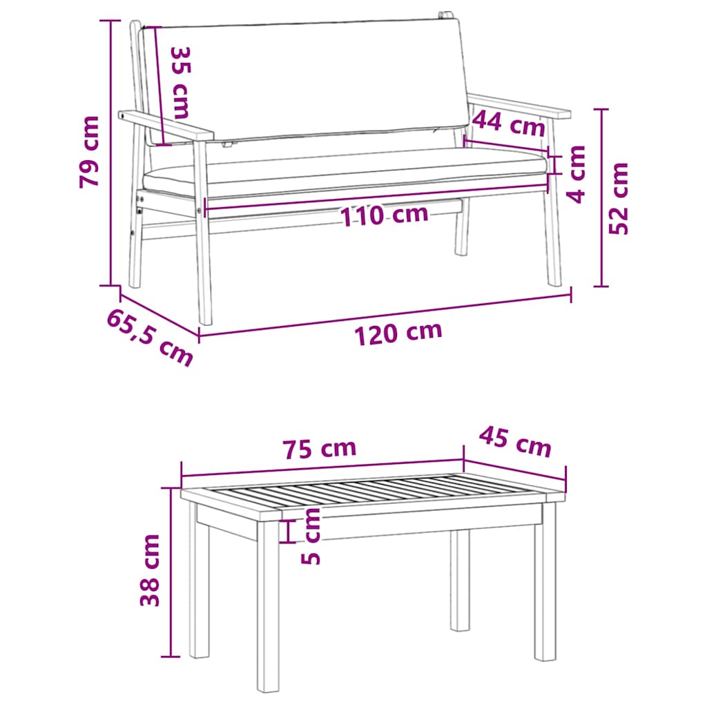 Gartensofa-set 3 pcs Braun 120 x 65,5 x 79 cm Massivholz Akazie