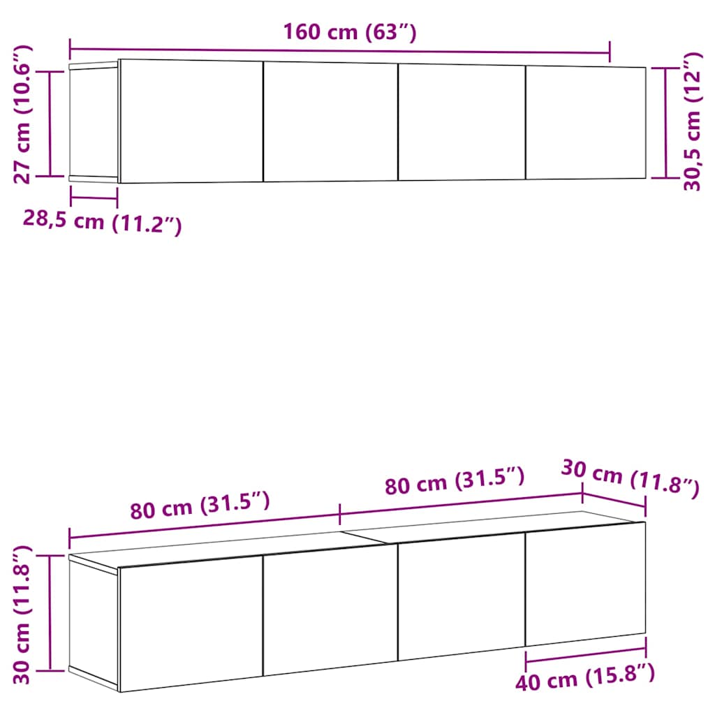 TV-Schrankset 4 pcs Schwarz Eichen-Optik 80 x 30 x 30 cm