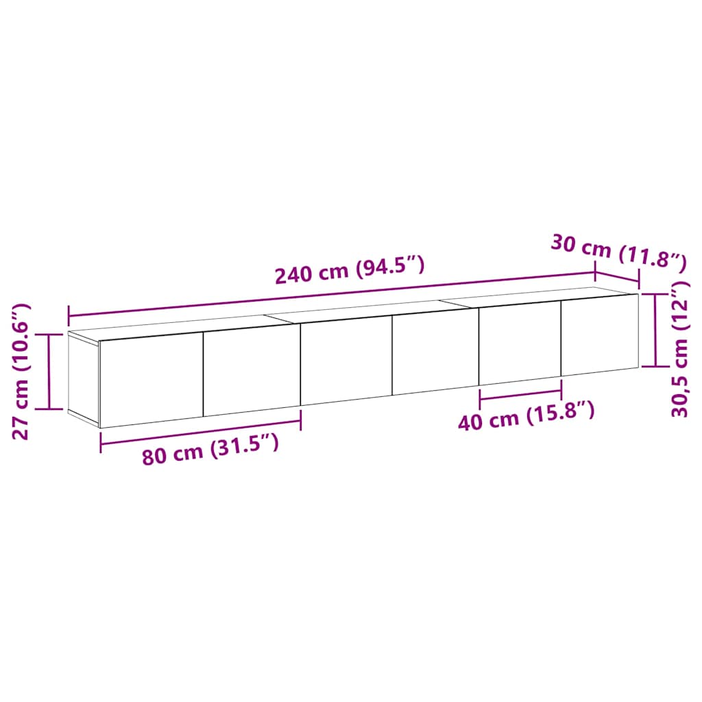 TV-Schrankset 3 pcs Schwarz Eichen-Optik 80 x 30 x 30 cm