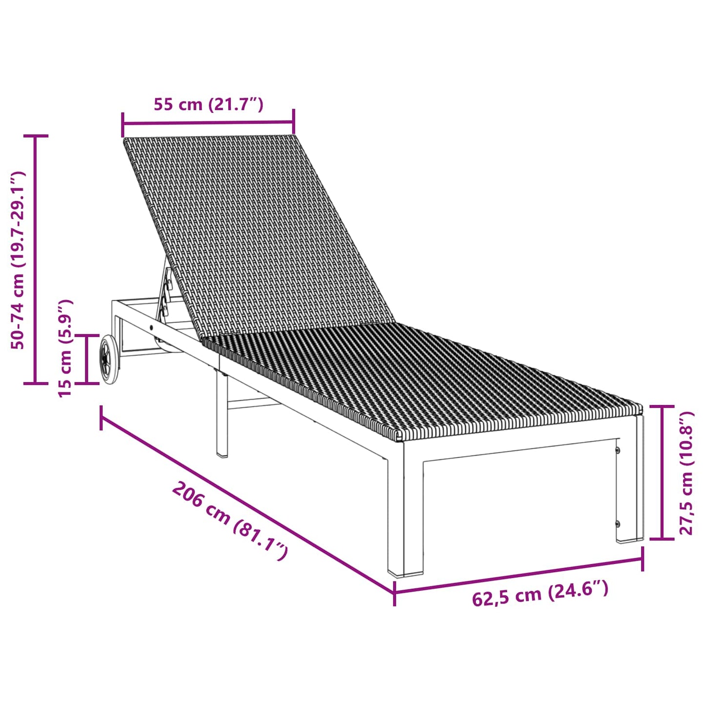 Sonnenliege Schwarz 206 x 62,5 x 74 cm Poly-Rattan