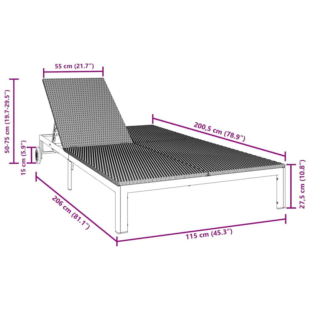 Sonnenliege Braun 206 x 115 x 75 cm Poly-Rattan
