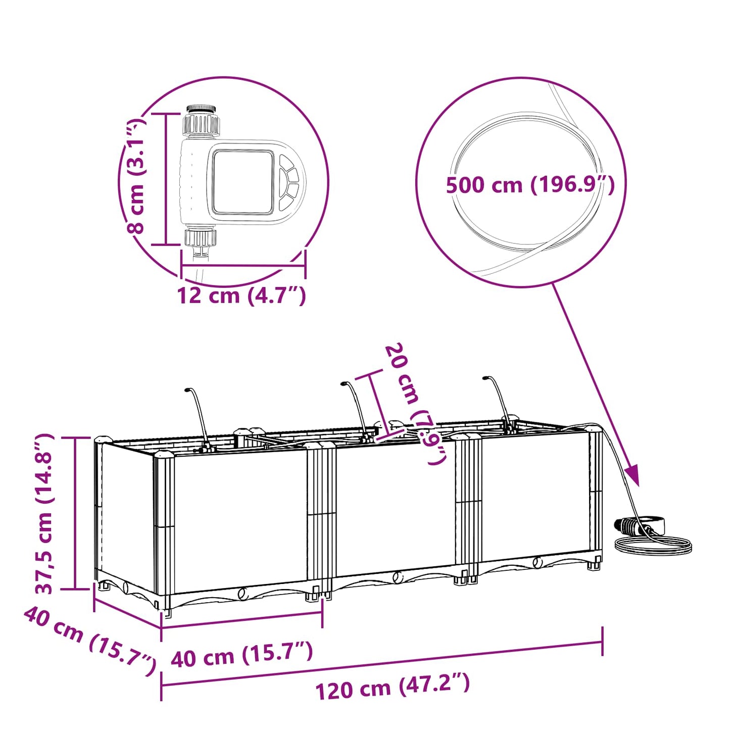 Garten-Pflanzgefäß 3 pcs Grau 120 x 40 x 37,5 cm Kunststoff