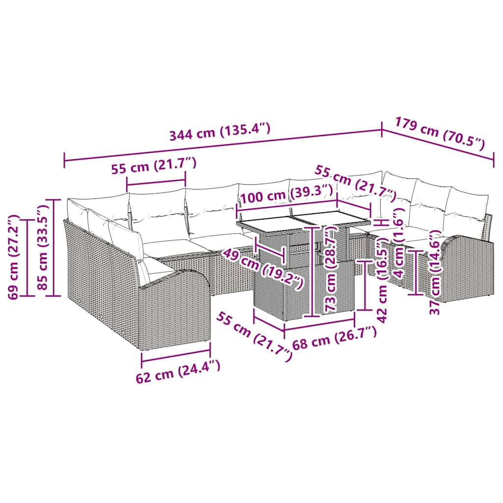 Garten-Sofa-Set mit Kissen 11 pcs Schwarz und Creme Poly-Rattan