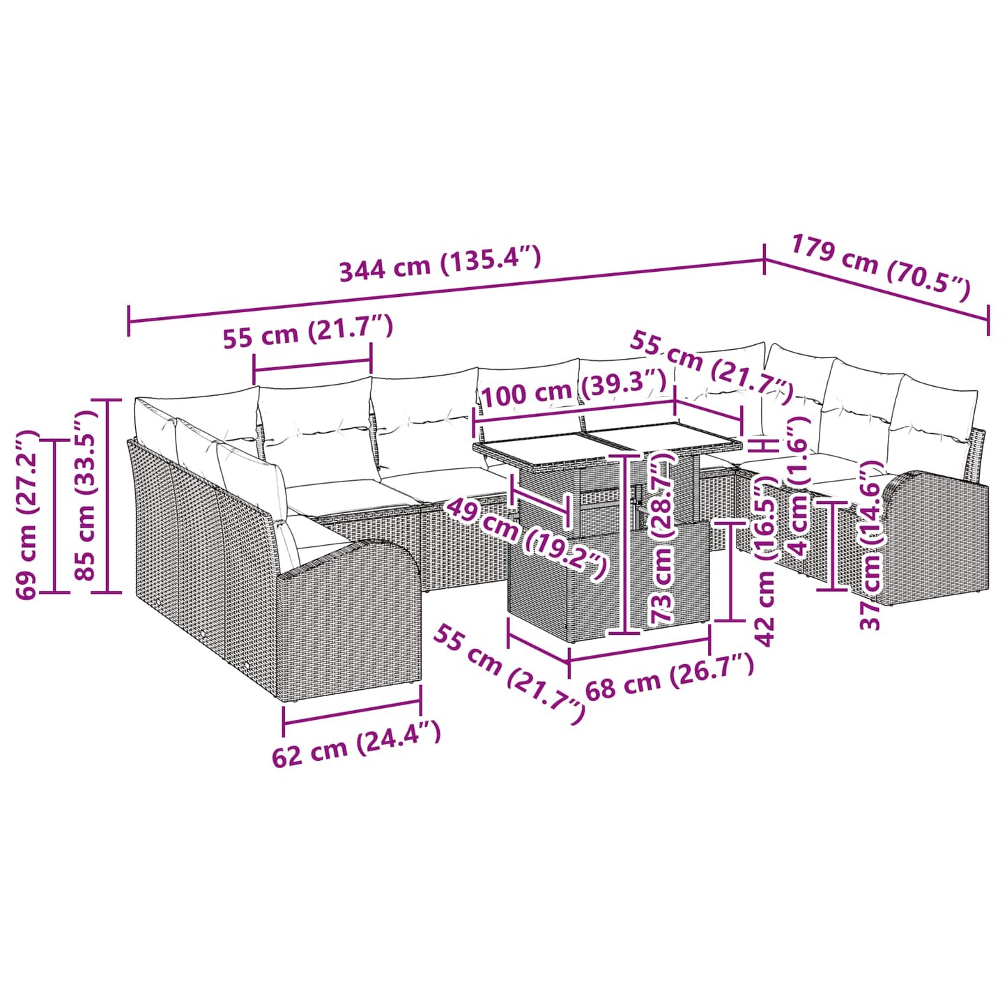Gartensofa-set mit Speicher mit Kissen 11 pcs Braun Poly-Rattan