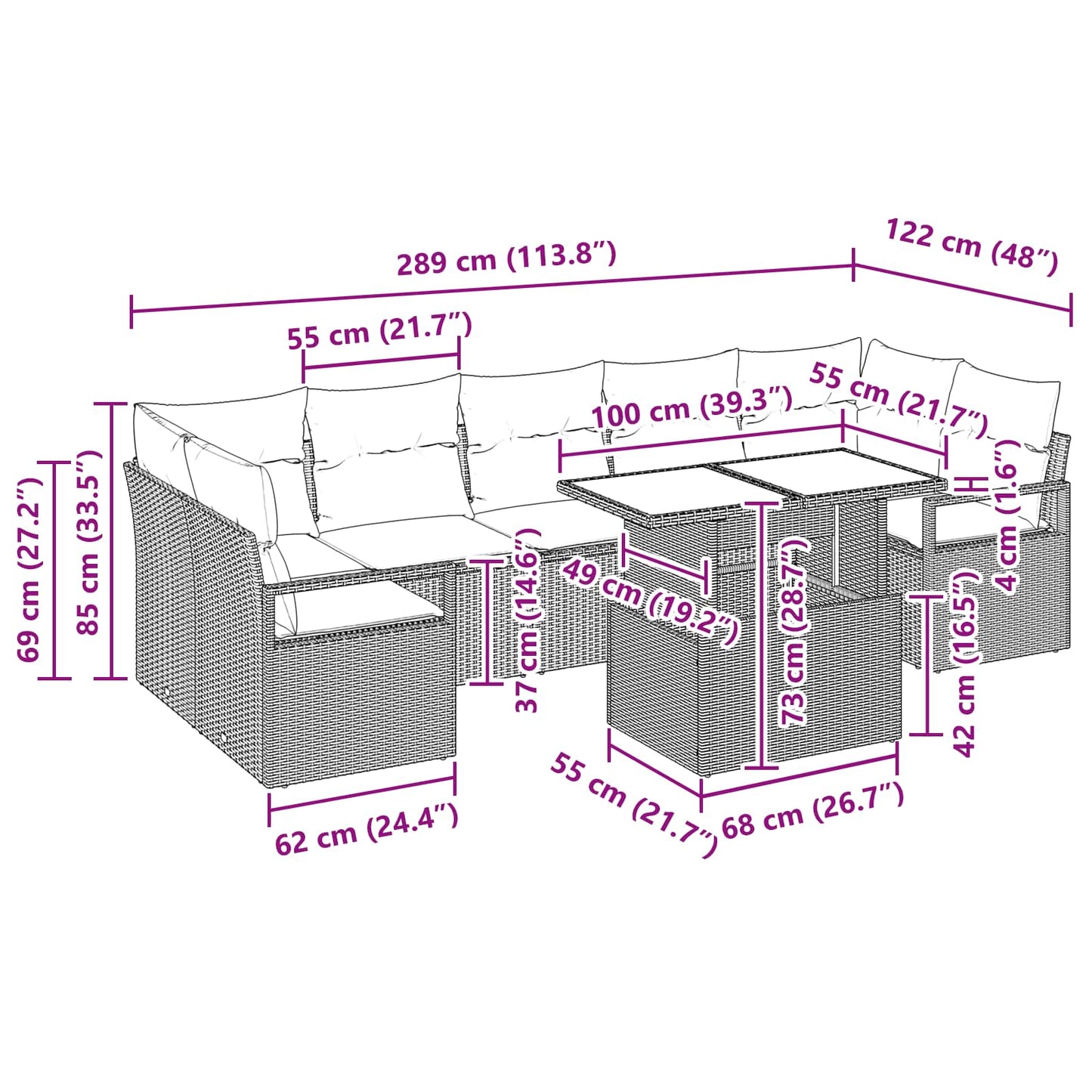 Garten-Sofa-Set mit Kissen 8 pcs Braun und Rot Poly-Rattan