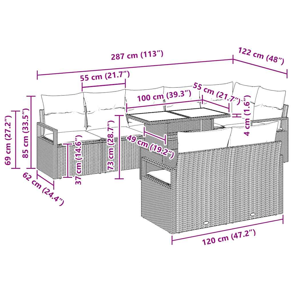 Garten-Sofa-Set mit Kissen 9 pcs Hellgrau Poly-Rattan