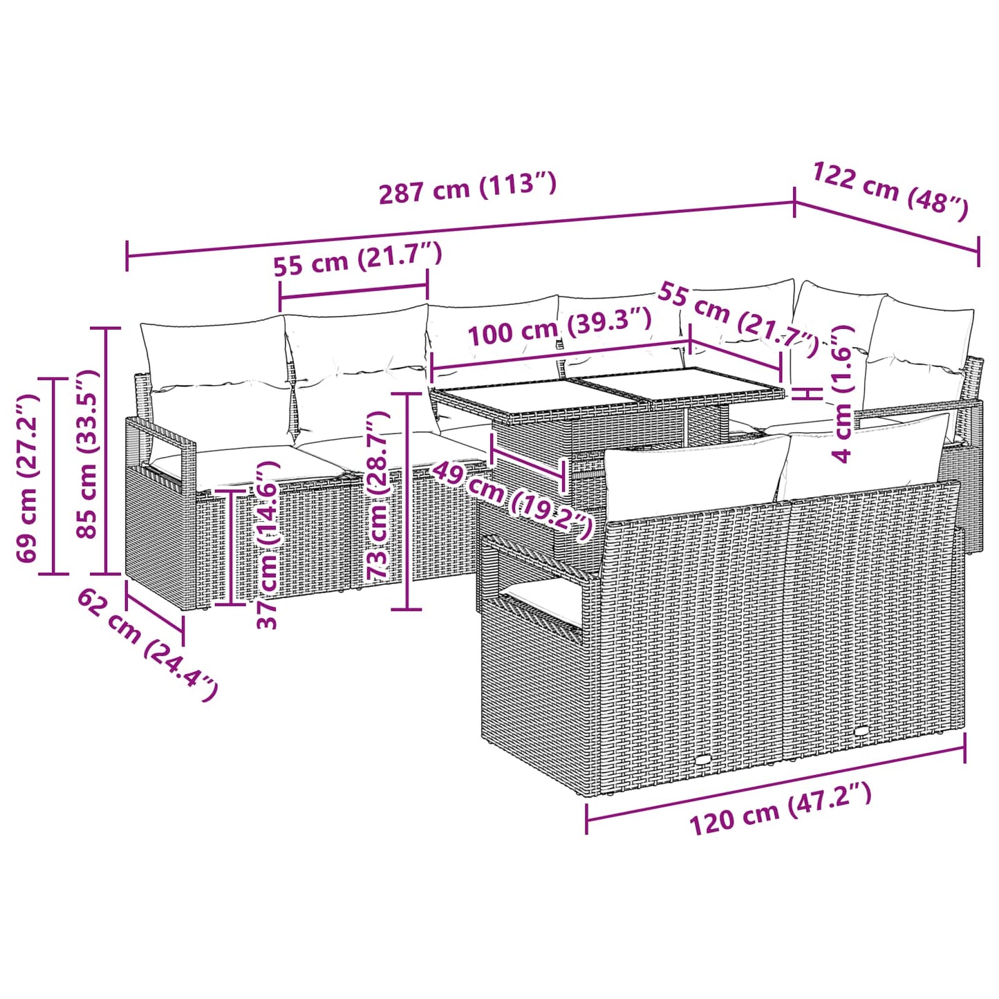Gartensofa-set mit Speicher 9 pcs Braun und Rot Poly-Rattan
