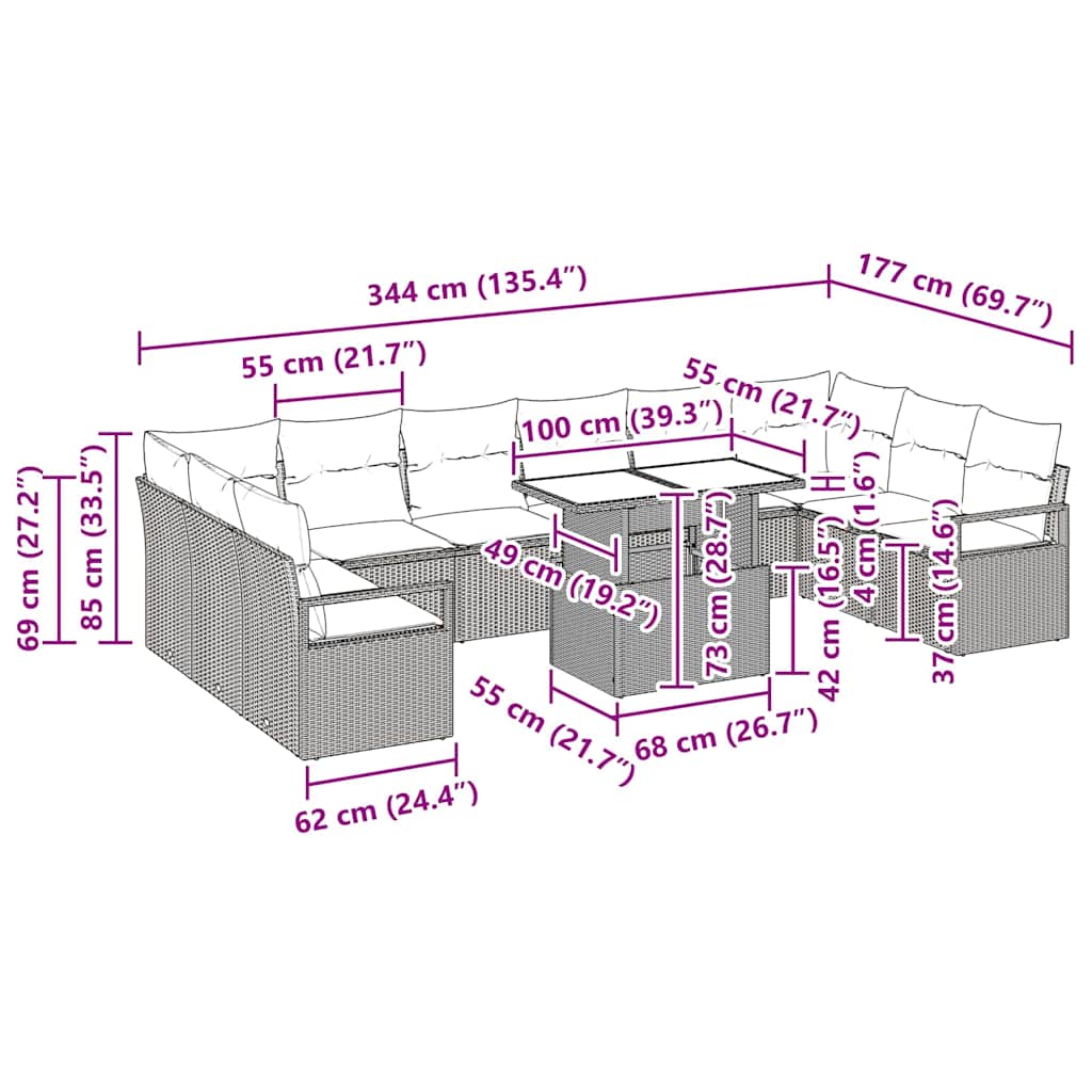 Garten-Sofa-Set mit Kissen 11 pcs Beige und Creme Poly-Rattan