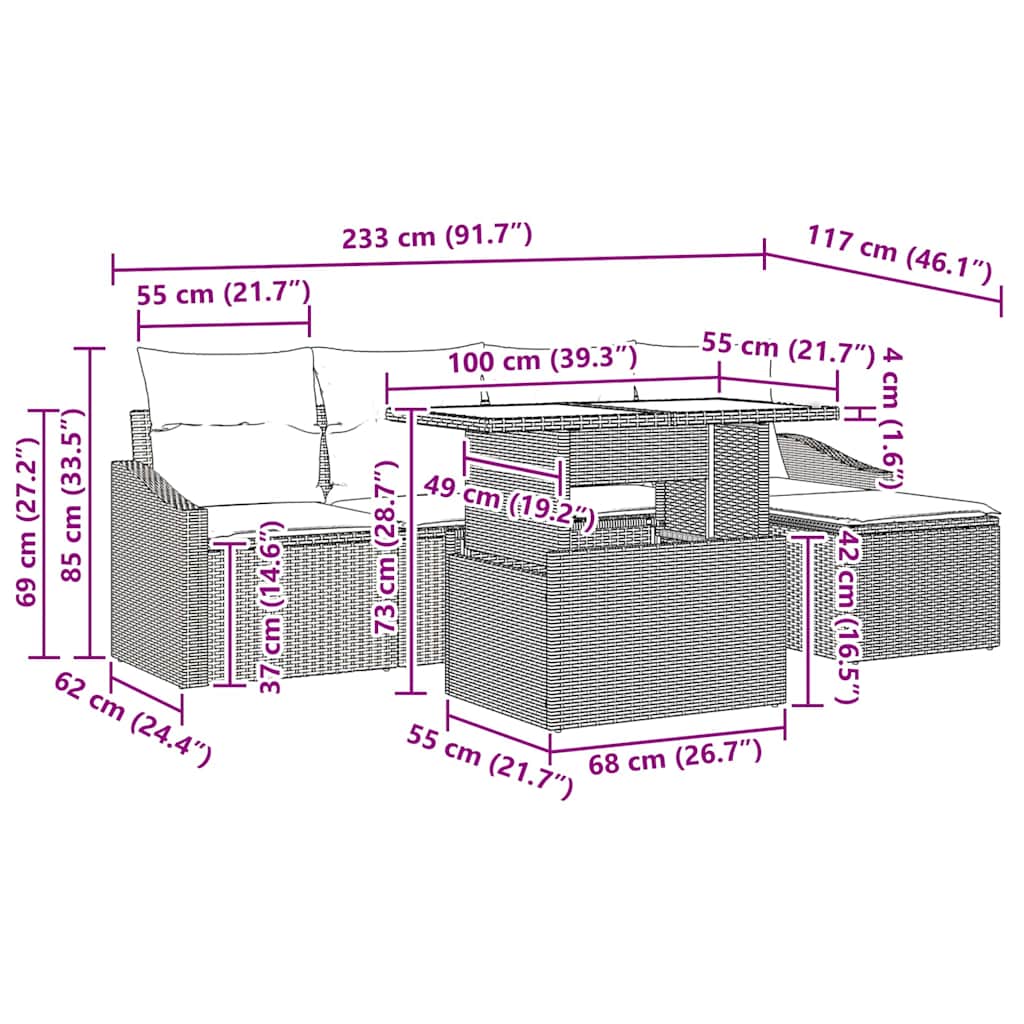 Gartensofa-set mit Kissen mit Speicher 6 pcs Grau Poly-Rattan