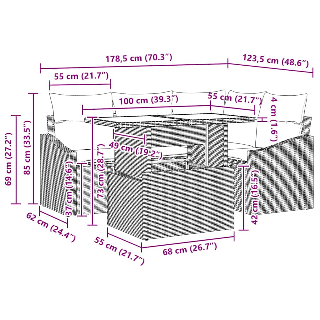 Gartensofa-set mit Kissen 5 pcs Hellgrau Poly-Rattan