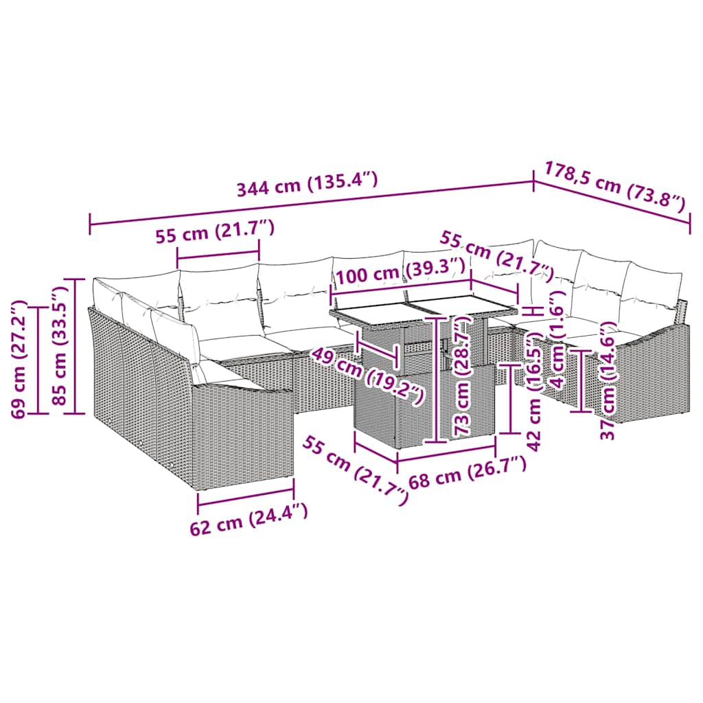 Sofa Set mit Kissen 11 pcs Hellgrau Poly-Rattan