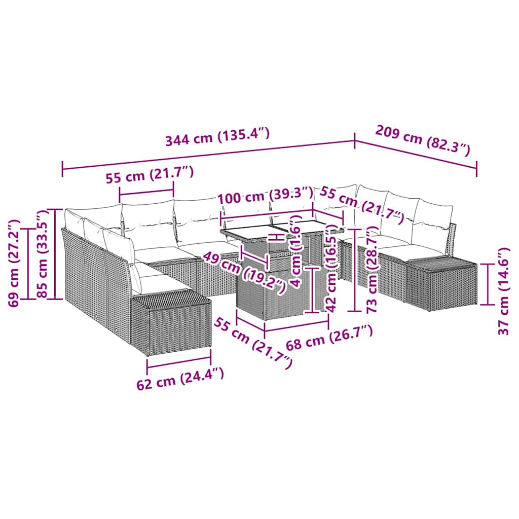 Garten-Sofa-Set mit Kissen 11 pcs Schwarz und Creme