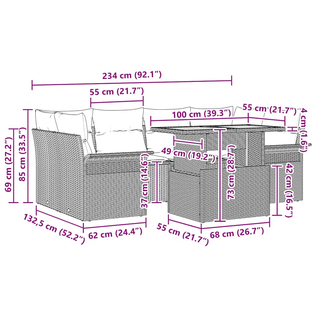 Garten-Sofa-Set mit Kissen 7 pcs Beige und Creme