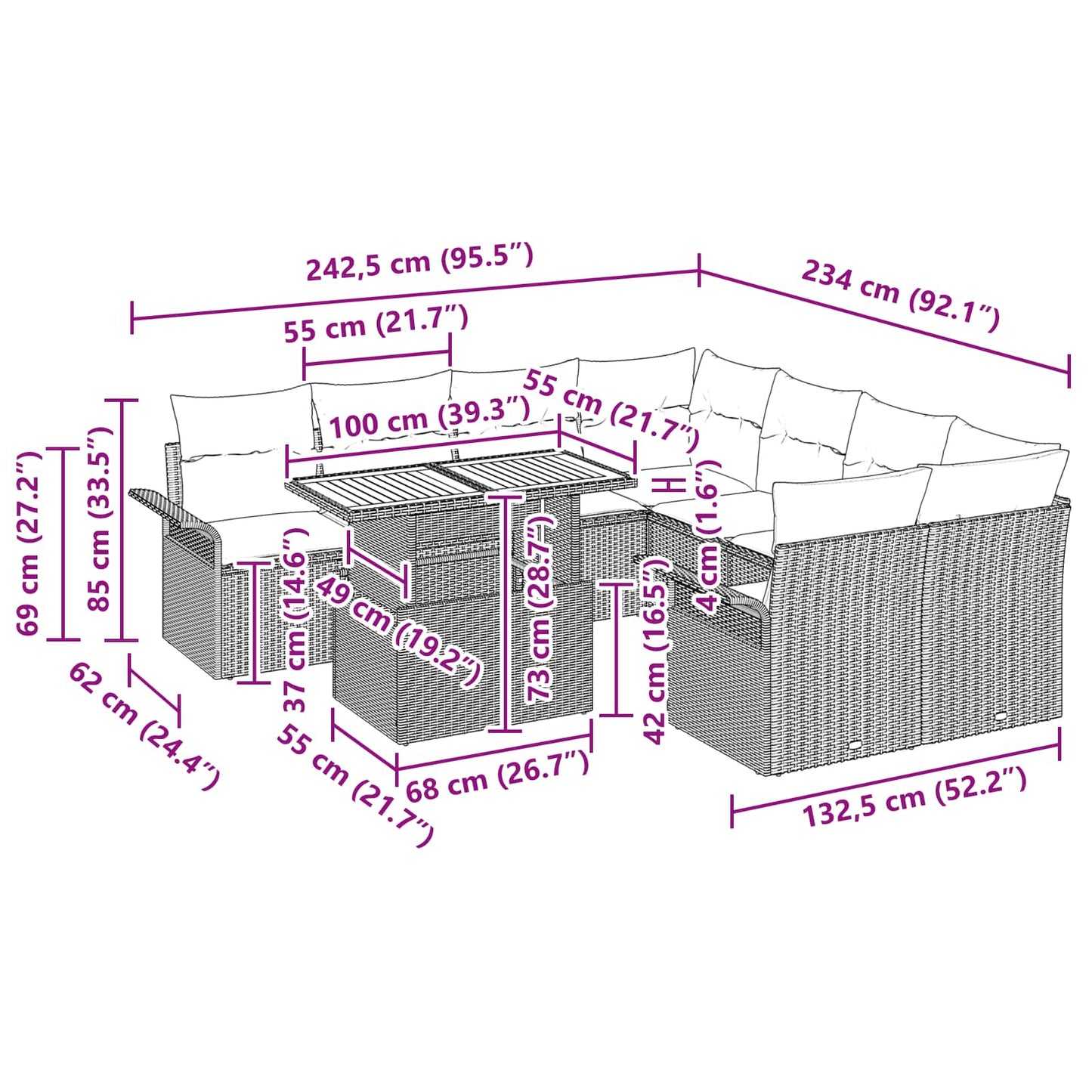 Gartensofa-set mit Kissen 9 pcs Schwarz und Blau Poly-Rattan
