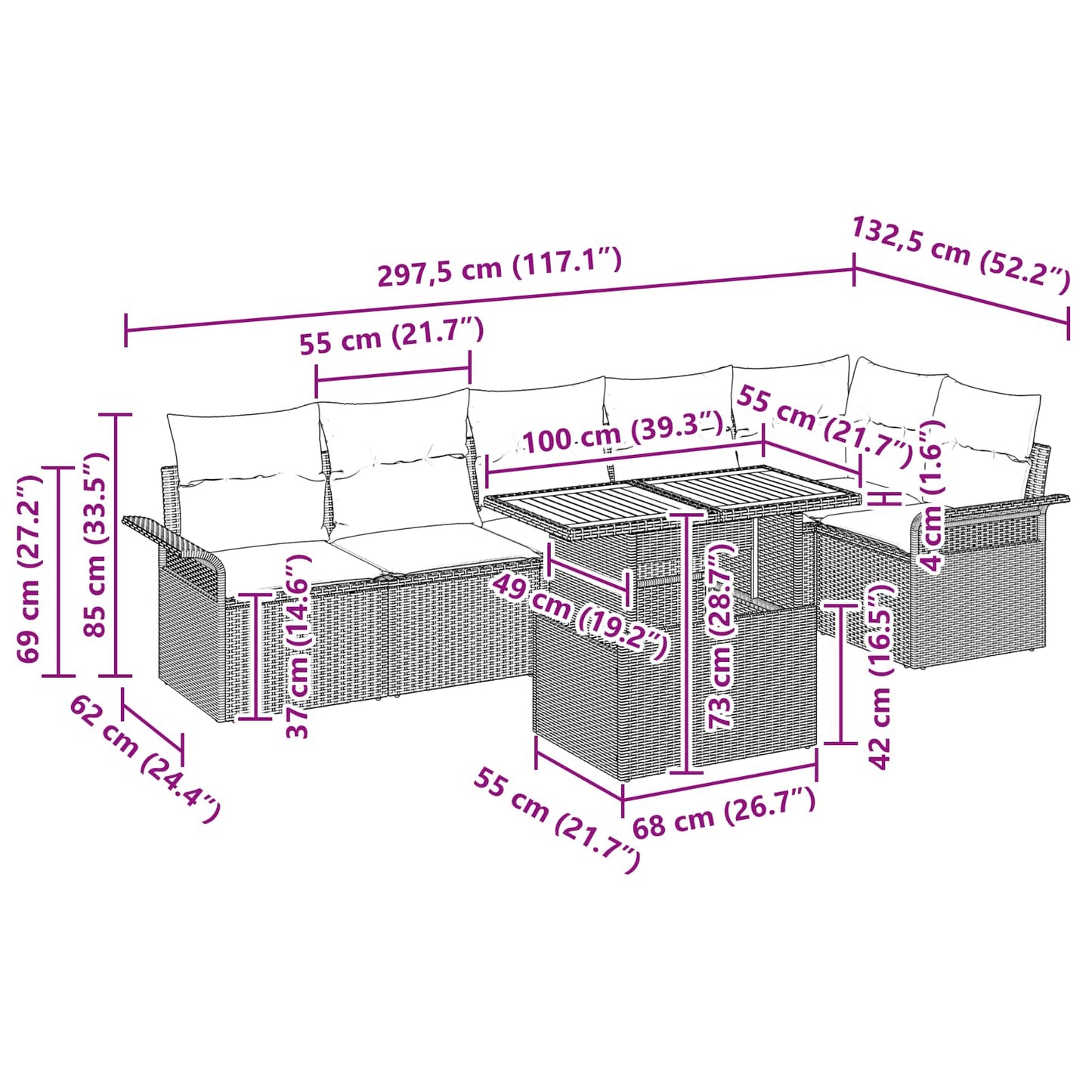 Gartensofa-set mit Kissen 7 pcs Schwarz und Blau Poly-Rattan