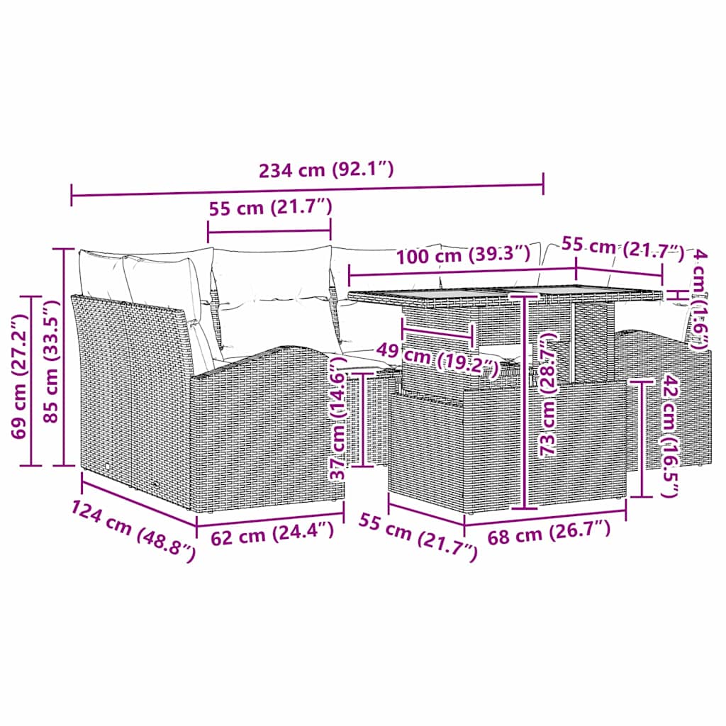 Garten-Sofa-Set mit Kissen mit Kopfteil 7 pcs Beige und Creme