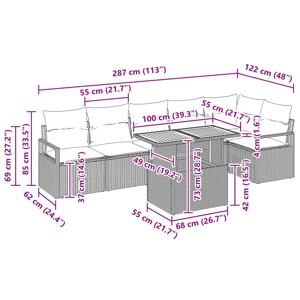 Garten Essgruppe mit Kissen 7 pcs Schwarz und Braun
