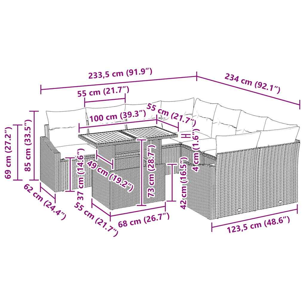Garten Essgruppe mit Kissen 9 pcs Schwarz und Creme