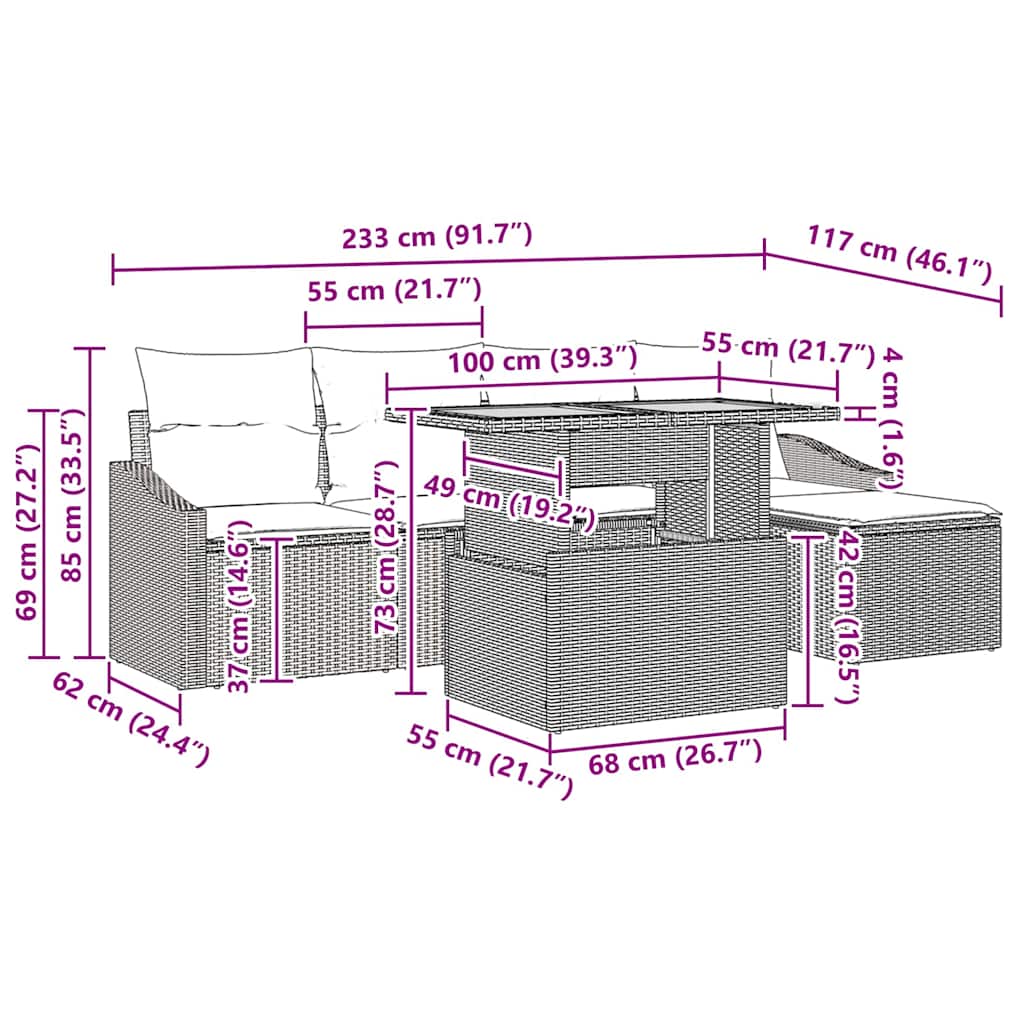 Garten Essgruppe mit Kissen 6 pcs Schwarz und Braun